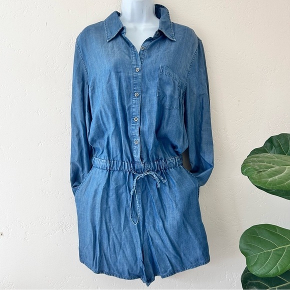 CHELSEA & THEODORE Chambray Denim Utility Button-top Tie Waist Romper Size L - Picture 6 of 11